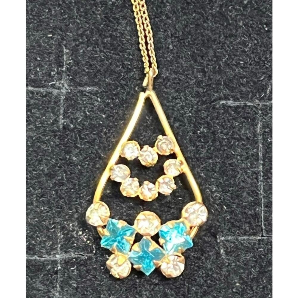Vintage 1/20 12K GF Necklace Floral Rhinestone Pendant Gold Filled Chain
